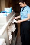 Female Folding towel Stock Photo