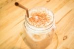 Iced Cofee Mocha Drink Serving On Wooden Table Stock Photo