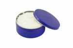 Blue Metal Round Box With Cosmetic Cream Opened On White Background Stock Photo