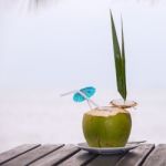 Coconut Water Drink Served In Coconut With Drinking Straw On The Stock Photo