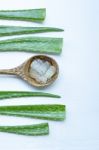 Aloe Vera Fresh Leaves With  Aloe Vera Gel On Wooden Spoon Stock Photo