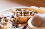 Belgian Waffles With Fruit And Chocolate, Forest Fruit, All Home Stock Photo