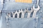 Wrenches package in engineer pocket . Stock Photo