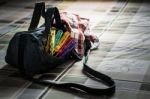 Jeans Handbag On The Mattress Stock Photo