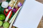 Close Up. Open Notebook With Ingredients Thai Food (tom Yum) On Wooden Background Stock Photo