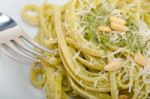 Italian Traditional Basil Pesto Pasta Ingredients Stock Photo