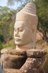 Statue Of Ancient Khmer Warrior Head At Angkor Wat Stock Photo