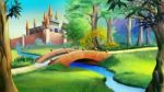 Landscape With Fairy Tale Castle And Small Bridge Over The River Stock Photo