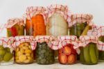 Variety Of Jars With Organic Vegetable Pickles Stock Photo