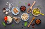 Ingredients For The Healthy Foods Background Mixed Nuts, Honey, Stock Photo