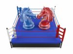 Red And Blue Chess Knight Confronting In Boxing Ring Stock Photo