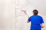 Worker Painting Wall With Background Glue For A Wallpaper Stock Photo