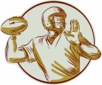 American Football Qb Throwing Circle Side Etching Stock Photo