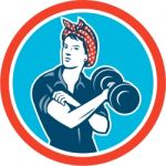 Bandana Woman Lifting Dumbbell Circle Retro Stock Photo