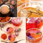 Collection Of Different Herbal Tea Infusion Collage Stock Photo