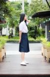 Portrait Of Thai High School Student Uniform Teen Beautiful Girl Happy And Relax, Stock Photo