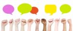 Group Of Hands With Colorful Speech Bubbles Stock Photo