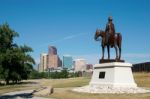 Statue Of James Macleod Outside Fort Calgary Stock Photo