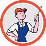 Electrician Standing Screwdriver Circle Cartoon Stock Photo