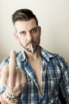 Smoking Man Middle Finger Stock Photo