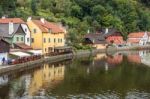 Colourful Buildings Along The Vlatava River In Krumlov Stock Photo