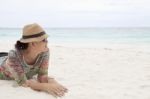 Woman On White Sand Beach Stock Photo