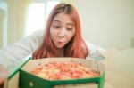 Young Woman With Pizza Stock Photo