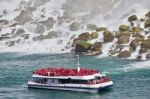 Beautiful Isolated Image Of A Ship And Amazing Niagara Waterfall Stock Photo