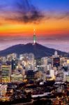 View Of Downtown Cityscape And Seoul Tower In Seoul, South Korea Stock Photo