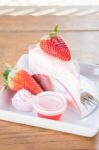 Serving Fresh Strawberry Crepe Cake Stock Photo