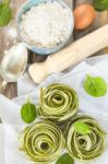 Traditional Italian Raw Homemade Spinach Pasta Stock Photo