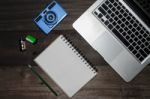 Top View Of Working Table Stock Photo