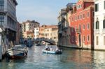 Motorboat On A Canal In Venice Stock Photo