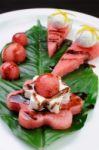 Appetizer Of Watermelon With Ricotta Stock Photo