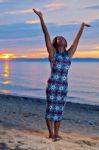 Beautiful Black African American Woman Posing On The Beach At Su Stock Photo