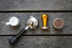 Coffee Equipment On Dark Wood Background Stock Photo