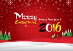 Merry Christmas And Happy New Year 2016. The White Snow And Green Christmas Tree On Red Background Stock Photo