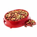 Multicolored Dry Cat Or Dog Food In Red Bowl Isolated On White B Stock Photo