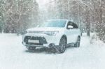 Winter Driving. Off-road Riding On Winter Forest Snowy Road Stock Photo