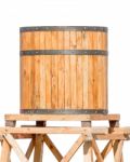 Wooden Water Tower With Steel Ring Isolated Stock Photo