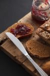 Dark Multigrain Bread Whole Grain And Jam Fresh Baked On Rustic Closeup Stock Photo