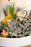 Seafood Black Spaghetti Stock Photo