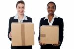 Businesswomen Holding Packed Cartons Stock Photo