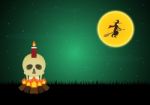 Halloween Skull Candle Bonfire Witch Moon  Stock Photo