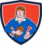 Vintage French Rugby Player Holding Ball Crest Cartoon Stock Photo