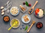 Ingredients For The Healthy Foods Background Mixed Nuts, Honey, Stock Photo