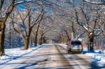 Car On Road In Winter, Seoraksan In South Korea Stock Photo