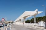 Modern Pergola In The Harbour Area Of Malaga Stock Photo