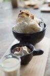 Shaved Ice Dessert With Brown Sugar And Condensed Milk Stock Photo