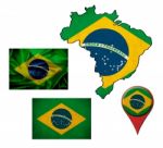 Grunge Brazi Flag, Map And Map Pointers Stock Photo